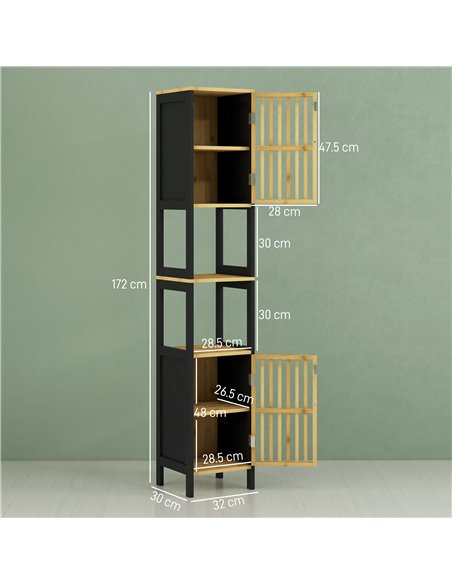 HOMCOM Tall Bathroom Storage Cabinet, Slim Bamboo Bathroom Cabinet with 2 Open Compartments, 2 Slatted Doors and Adjustable Shel - pic 87808 | FastDaddyshop
