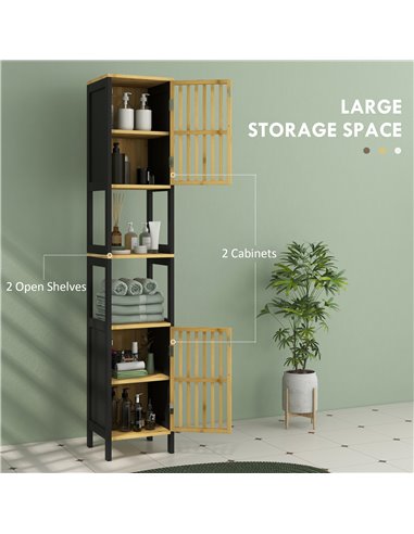 HOMCOM Tall Bathroom Storage Cabinet, Slim Bamboo Bathroom Cabinet with 2 Open Compartments, 2 Slatted Doors and Adjustable Shel