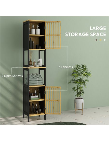 HOMCOM Tall Bathroom Storage Cabinet, Slim Bamboo Bathroom Cabinet with 2 Open Compartments, 2 Slatted Doors and Adjustable Shel - pic 87809 | FastDaddyshop