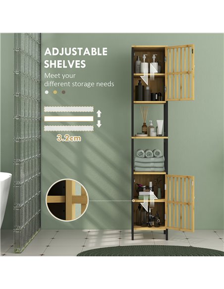 HOMCOM Tall Bathroom Storage Cabinet, Slim Bamboo Bathroom Cabinet with 2 Open Compartments, 2 Slatted Doors and Adjustable Shel - pic 87811 | FastDaddyshop