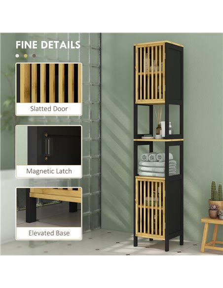 HOMCOM Tall Bathroom Storage Cabinet, Slim Bamboo Bathroom Cabinet with 2 Open Compartments, 2 Slatted Doors and Adjustable Shel - pic 87812 | FastDaddyshop