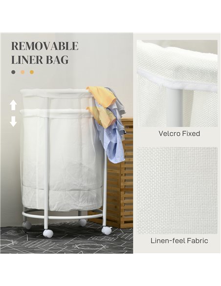HOMCOM 100L Rolling Laundry Basket on Wheels, 50cm Round Laundry Hamper w/ Removable Bag & Steel Frame for Bedroom, Bathroom, La - pic 87820 | FastDaddyshop