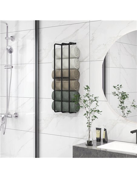 HOMCOM Towel Rail Wall Mounted, Metal Towel Rack Holds Up to 6 Large Size (160 x 100cm) Rolled Towels, 3 Bar Towel Storage for B - pic 87825 | FastDaddyshop