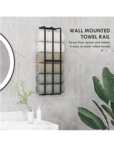 HOMCOM Towel Rail Wall Mounted, Metal Towel Rack Holds Up to 6 Large Size (160 x 100cm) Rolled Towels, 3 Bar Towel Storage for B