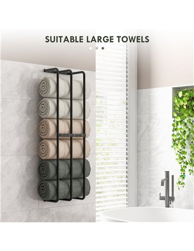 HOMCOM Towel Rail Wall Mounted, Metal Towel Rack Holds Up to 6 Large Size (160 x 100cm) Rolled Towels, 3 Bar Towel Storage for B