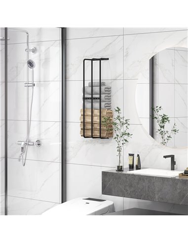HOMCOM Towel Rail Wall Mounted, Metal Towel Rack Holds Up to 6 Large Size (160 x 100cm) Rolled Towels, 3 Bar Towel Storage for B