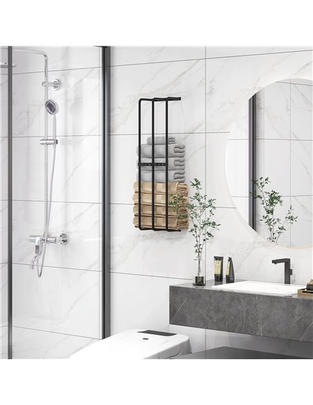 HOMCOM Towel Rail Wall Mounted, Metal Towel Rack Holds Up to 6 Large Size (160 x 100cm) Rolled Towels, 3 Bar Towel Storage for B - pic 87829 | FastDaddyshop