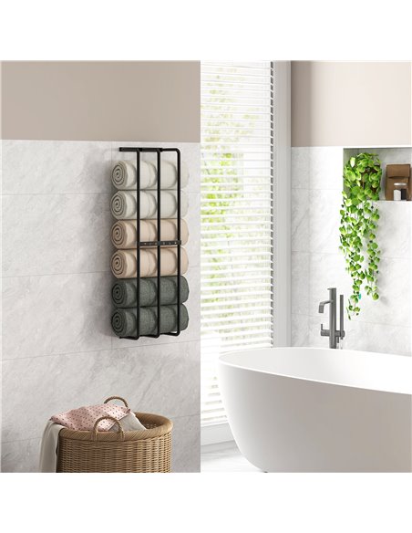 HOMCOM Towel Rail Wall Mounted, Metal Towel Rack Holds Up to 6 Large Size (160 x 100cm) Rolled Towels, 3 Bar Towel Storage for B - pic 87830 | FastDaddyshop