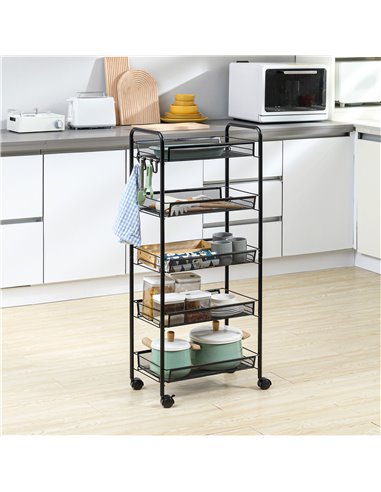 HOMCOM 5 Tier Utility Rolling Cart, Metal Storage Cart, Kitchen Cart with Removable Mesh Baskets, for Living Room, Laundry, Gara