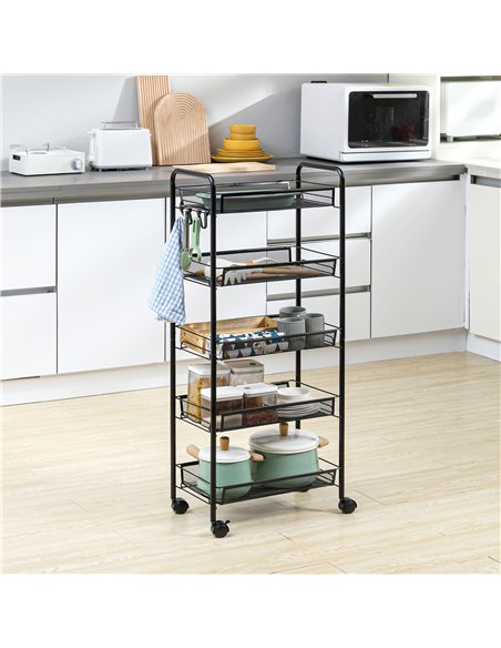 HOMCOM 5 Tier Utility Rolling Cart, Metal Storage Cart, Kitchen Cart with Removable Mesh Baskets, for Living Room, Laundry, Gara - pic 87843 | FastDaddyshop