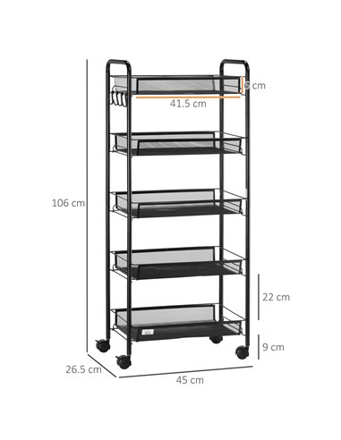 HOMCOM 5 Tier Utility Rolling Cart, Metal Storage Cart, Kitchen Cart with Removable Mesh Baskets, for Living Room, Laundry, Gara