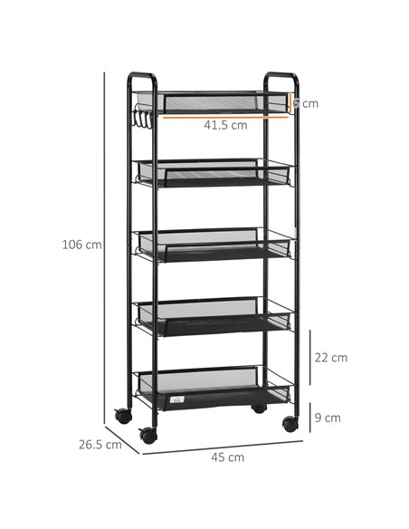 HOMCOM 5 Tier Utility Rolling Cart, Metal Storage Cart, Kitchen Cart with Removable Mesh Baskets, for Living Room, Laundry, Gara - pic 87844 | FastDaddyshop