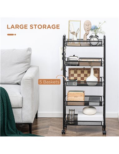 HOMCOM 5 Tier Utility Rolling Cart, Metal Storage Cart, Kitchen Cart with Removable Mesh Baskets, for Living Room, Laundry, Gara
