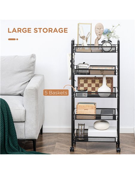 HOMCOM 5 Tier Utility Rolling Cart, Metal Storage Cart, Kitchen Cart with Removable Mesh Baskets, for Living Room, Laundry, Gara - pic 87845 | FastDaddyshop
