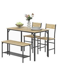 HOMCOM Dining Room Sets with 2 Chairs and a Bench, Dining Table and Chairs Set with Steel Frame and Storage Layer, Natural Wood 