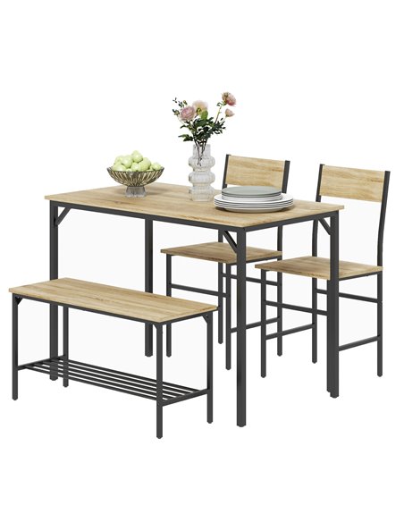 HOMCOM Dining Room Sets with 2 Chairs and a Bench, Dining Table and Chairs Set with Steel Frame and Storage Layer, Natural Wood  - pic 87914 | FastDaddyshop