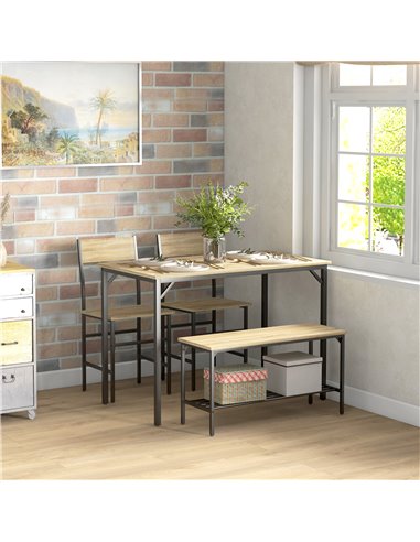 HOMCOM Dining Room Sets with 2 Chairs and a Bench, Dining Table and Chairs Set with Steel Frame and Storage Layer, Natural Wood 