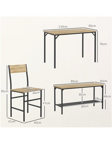 HOMCOM Dining Room Sets with 2 Chairs and a Bench, Dining Table and Chairs Set with Steel Frame and Storage Layer, Natural Wood 