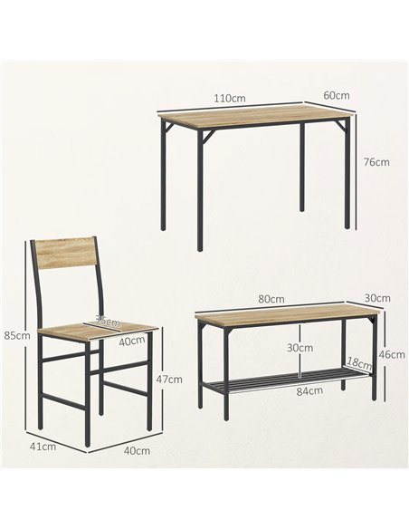 HOMCOM Dining Room Sets with 2 Chairs and a Bench, Dining Table and Chairs Set with Steel Frame and Storage Layer, Natural Wood  - pic 87916 | FastDaddyshop