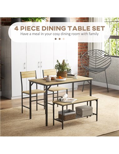 HOMCOM Dining Room Sets with 2 Chairs and a Bench, Dining Table and Chairs Set with Steel Frame and Storage Layer, Natural Wood 