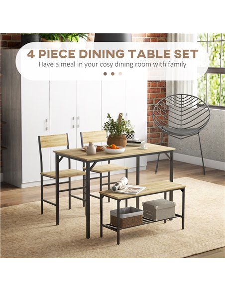 HOMCOM Dining Room Sets with 2 Chairs and a Bench, Dining Table and Chairs Set with Steel Frame and Storage Layer, Natural Wood  - pic 87917 | FastDaddyshop