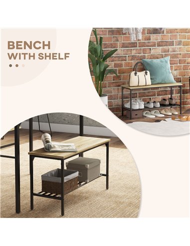 HOMCOM Dining Room Sets with 2 Chairs and a Bench, Dining Table and Chairs Set with Steel Frame and Storage Layer, Natural Wood 