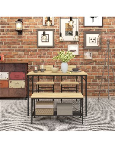 HOMCOM Dining Room Sets with 2 Chairs and a Bench, Dining Table and Chairs Set with Steel Frame and Storage Layer, Natural Wood 