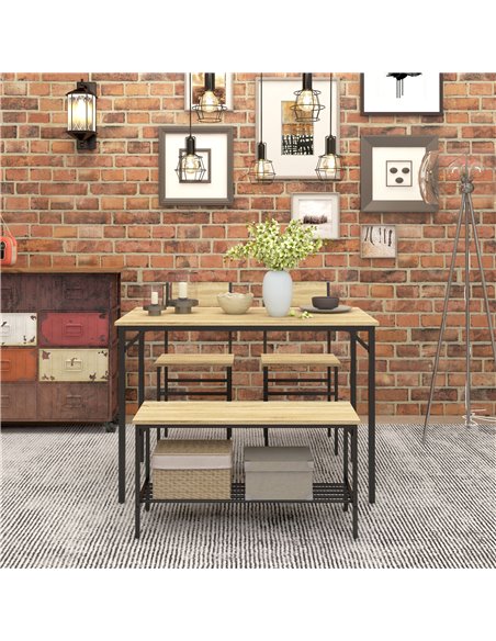 HOMCOM Dining Room Sets with 2 Chairs and a Bench, Dining Table and Chairs Set with Steel Frame and Storage Layer, Natural Wood  - pic 87921 | FastDaddyshop