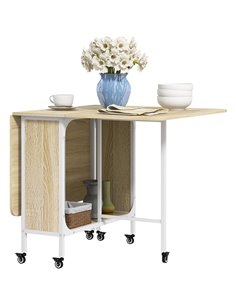 HOMCOM Folding Kitchen Table w/ 6 Wheels and Storage Shelf, Mobile Drop Leaf Dining Table for Small Spaces, Folding Wood Tables,