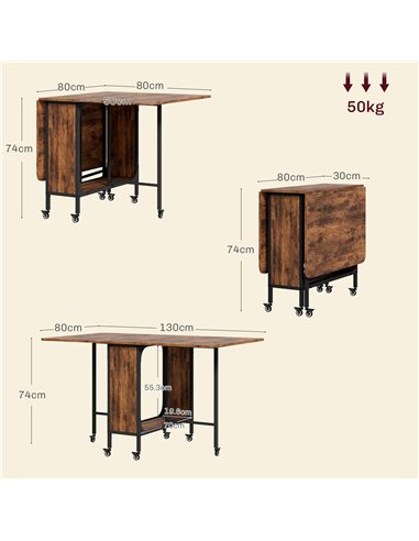 HOMCOM Mobile Drop Leaf Table Folding Kitchen Table Extendable Dining Table For Small Spaces With 6 Wheels & Storage Shelf Rusti