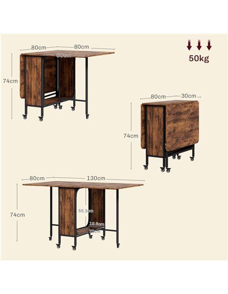 HOMCOM Mobile Drop Leaf Table Folding Kitchen Table Extendable Dining Table For Small Spaces With 6 Wheels & Storage Shelf Rusti - pic 87961 | FastDaddyshop