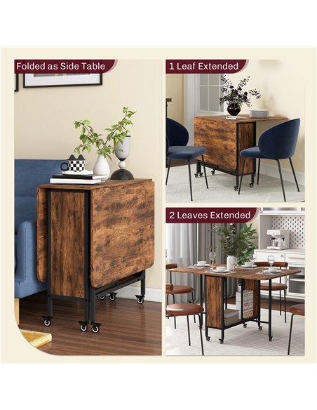 HOMCOM Mobile Drop Leaf Table Folding Kitchen Table Extendable Dining Table For Small Spaces With 6 Wheels & Storage Shelf Rusti - pic 87962 | FastDaddyshop
