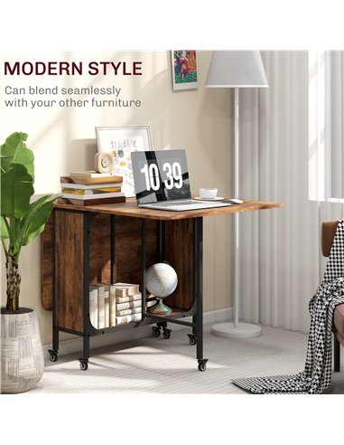 HOMCOM Mobile Drop Leaf Table Folding Kitchen Table Extendable Dining Table For Small Spaces With 6 Wheels & Storage Shelf Rusti