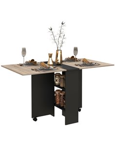 HOMCOM Folding Dining Table, Drop Leaf Table for Small Spaces with 2-tier Shelves, Small Kitchen Table with Rolling Casters, Oak