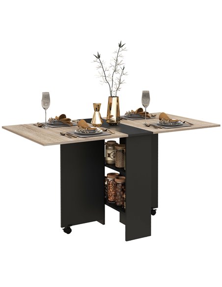 HOMCOM Folding Dining Table, Drop Leaf Table for Small Spaces with 2-tier Shelves, Small Kitchen Table with Rolling Casters, Oak - pic 87968 | FastDaddyshop
