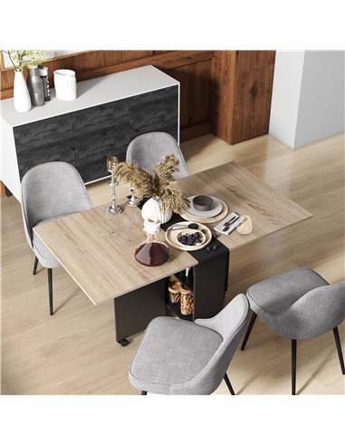 HOMCOM Folding Dining Table, Drop Leaf Table for Small Spaces with 2-tier Shelves, Small Kitchen Table with Rolling Casters, Oak