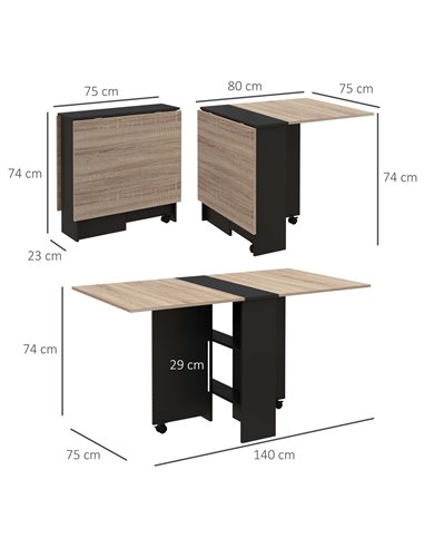 HOMCOM Folding Dining Table, Drop Leaf Table for Small Spaces with 2-tier Shelves, Small Kitchen Table with Rolling Casters, Oak