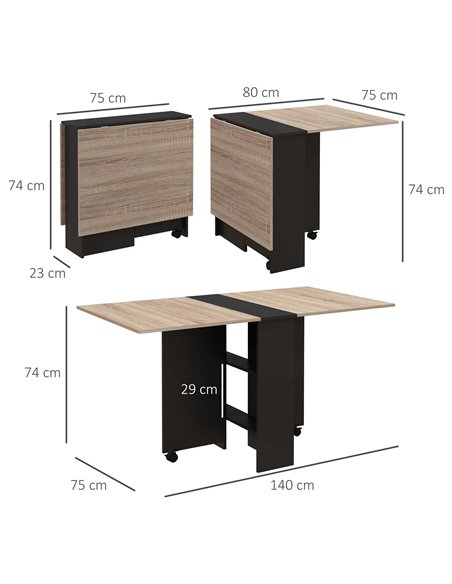 HOMCOM Folding Dining Table, Drop Leaf Table for Small Spaces with 2-tier Shelves, Small Kitchen Table with Rolling Casters, Oak - pic 87970 | FastDaddyshop
