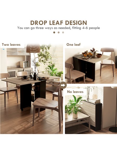 HOMCOM Folding Dining Table, Drop Leaf Table for Small Spaces with 2-tier Shelves, Small Kitchen Table with Rolling Casters, Oak - pic 87971 | FastDaddyshop