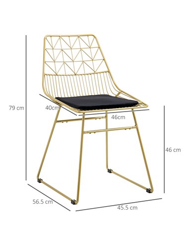 HOMCOM Luxurious Dining Chairs Set of 2, Metal Wire Kitchen Chair with Removable Velvet-feel Cushion, Cut-out Back and Steel Fra