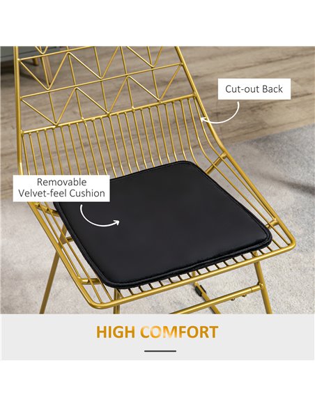 HOMCOM Luxurious Dining Chairs Set of 2, Metal Wire Kitchen Chair with Removable Velvet-feel Cushion, Cut-out Back and Steel Fra - pic 88179 | FastDaddyshop