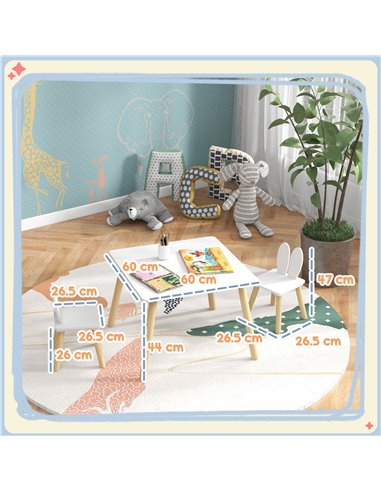 AIYAPLAY 3 Pcs Toddler Table and Chair Set, Kids Desk and 2 Chairs Set w/ Bunny Ear Backrest, for Nursery, Playroom 312-115V80WT