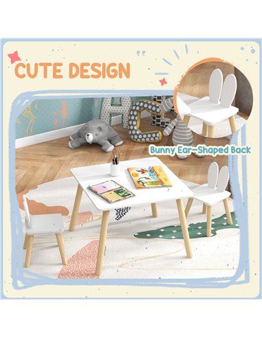 AIYAPLAY 3 Pcs Toddler Table and Chair Set, Kids Desk and 2 Chairs Set w/ Bunny Ear Backrest, for Nursery, Playroom 312-115V80WT