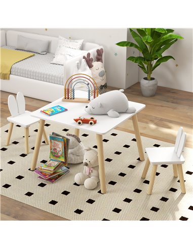 AIYAPLAY 3 Pcs Toddler Table and Chair Set, Kids Desk and 2 Chairs Set w/ Bunny Ear Backrest, for Nursery, Playroom 312-115V80WT