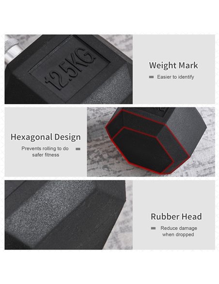 HOMCOM Hex Dumbbell 12.5KG Single Hex Rubber Dumbbell, Great for Every Fitness Fanatic, Helps Build Muscles, Black A91-020V01 - pic 88286 | FastDaddyshop