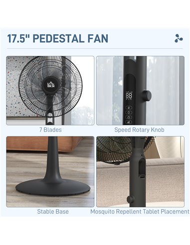 HOMCOM DC Pedestal Fan, 17.5'' Standing Fan w/ 28 Speeds, 3 Modes, 75° Oscillation, 12-Hour Timer, Adjustable Height, Mosquito R