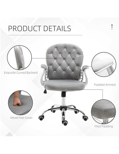 Vinsetto Office Chair Ergonomic Swivel Diamond Tufted Home Work Velour Padded Base 5 Castor Wheels Grey