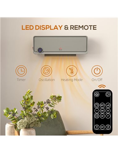 HOMCOM Wall Downflow Heater 2 Heat and Fan 1000W/2000W, Electric Space Heater with Timer Remote Oscillating, for Bedroom Home Of