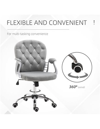 Vinsetto Office Chair Ergonomic Swivel Diamond Tufted Home Work Velour Padded Base 5 Castor Wheels Grey