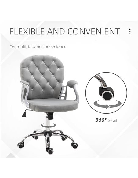 Vinsetto Office Chair Ergonomic Swivel Diamond Tufted Home Work Velour Padded Base 5 Castor Wheels Grey - pic 8837 | FastDaddyshop